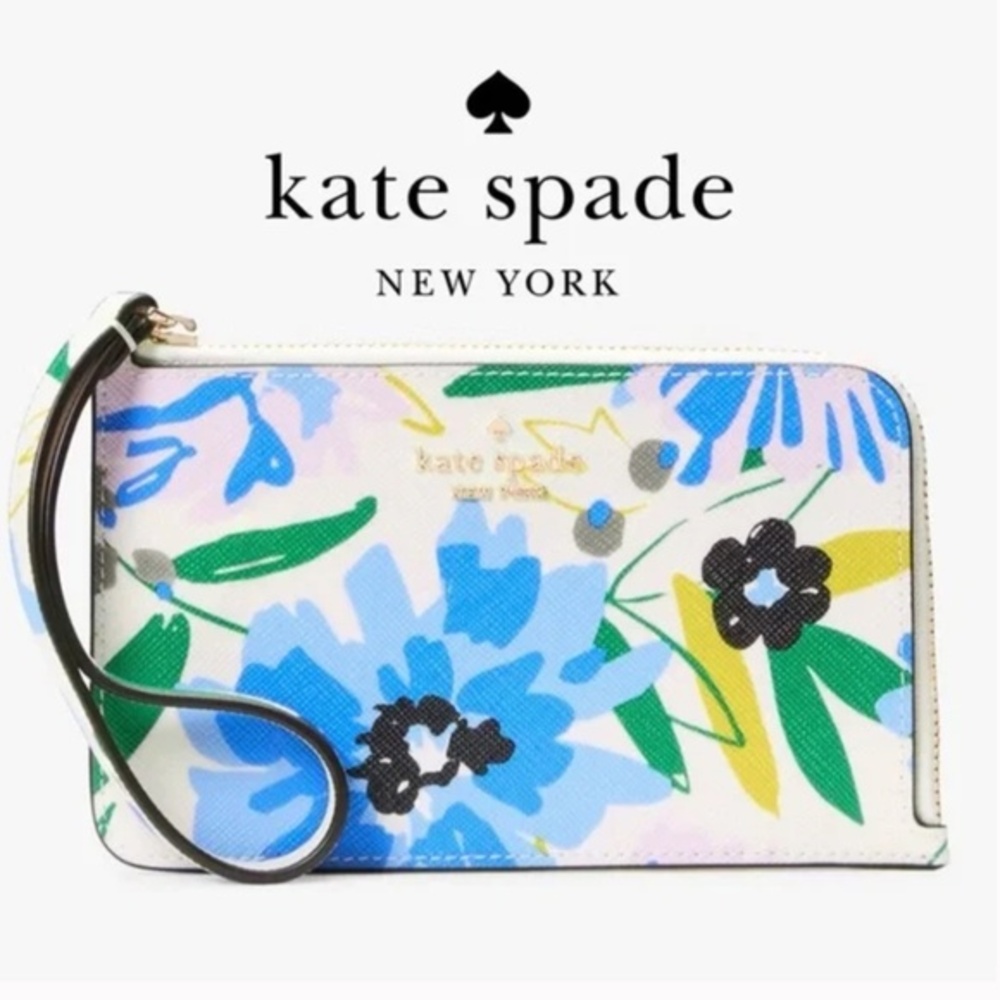 NWT Kate Spade Lucy Blue Floral Wristlet Zip Around Wallet